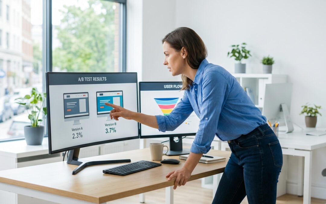 A CRO consultant reviewing A/B test results on a monitor showing two website variants with conversion rates