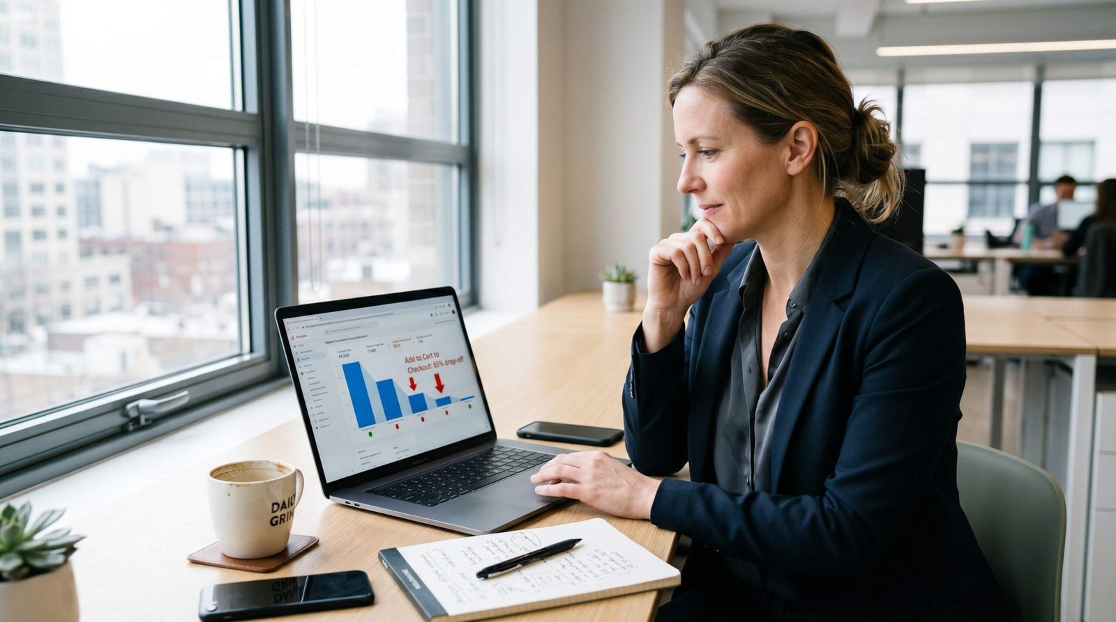 Business owner reviewing conversion funnel analytics data on laptop screen with drop-off points highlighted