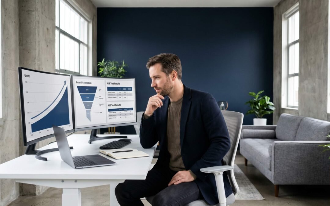 Growth marketing consultant reviewing analytics dashboards and growth curves on dual monitors in a modern office