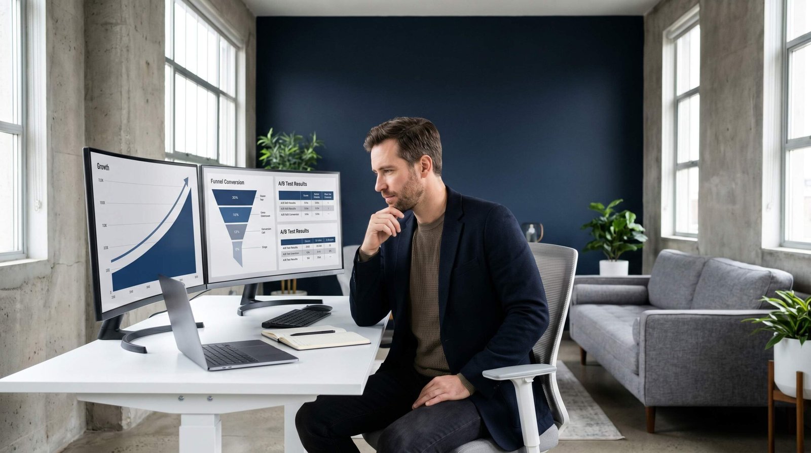 Growth marketing consultant reviewing analytics dashboards and growth curves on dual monitors in a modern office