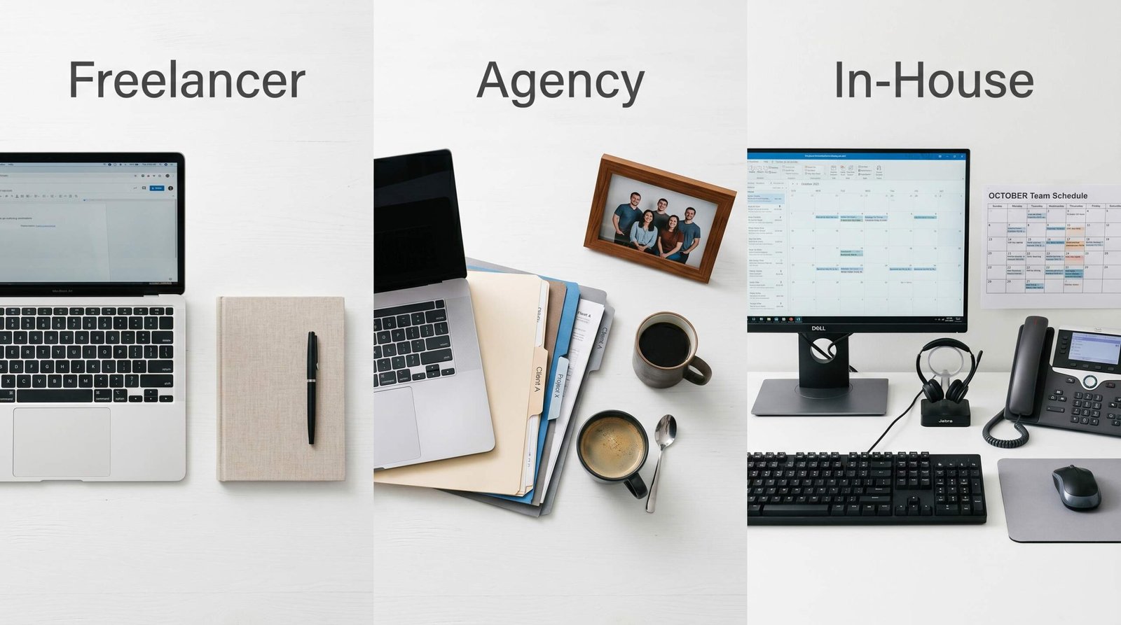 Three workspace setups representing freelance writer, content writing agency, and in-house writer options for businesses hiring website content