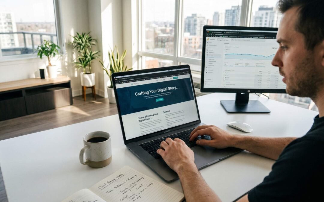 A professional website content writer at a modern desk with laptop showing a homepage being written, analytics dashboard visible on second monitor