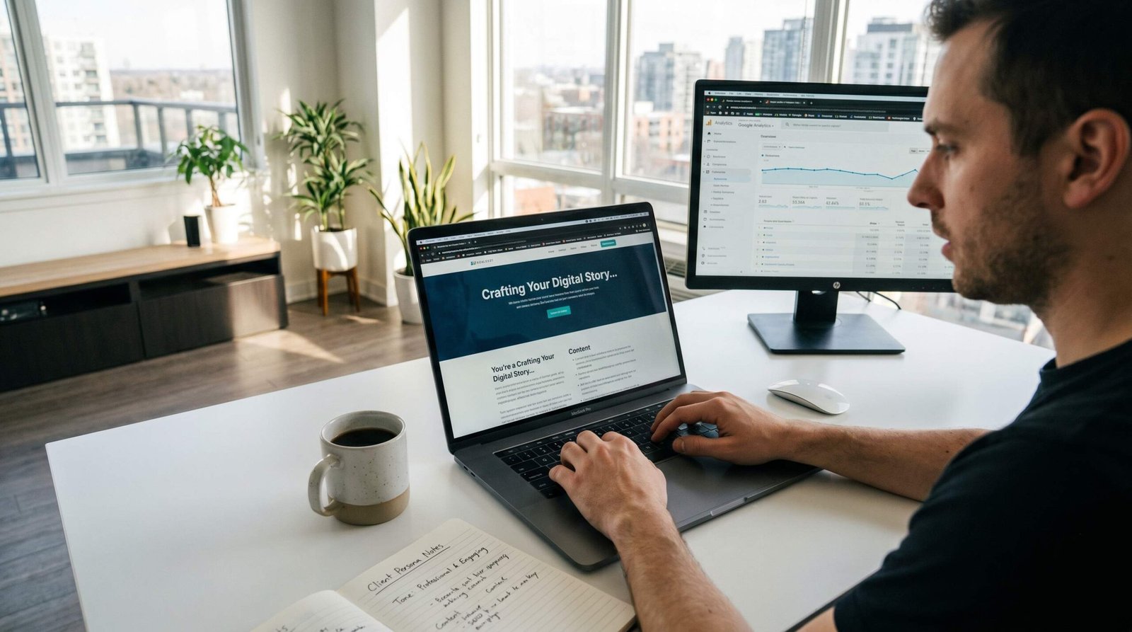 A professional website content writer at a modern desk with laptop showing a homepage being written, analytics dashboard visible on second monitor