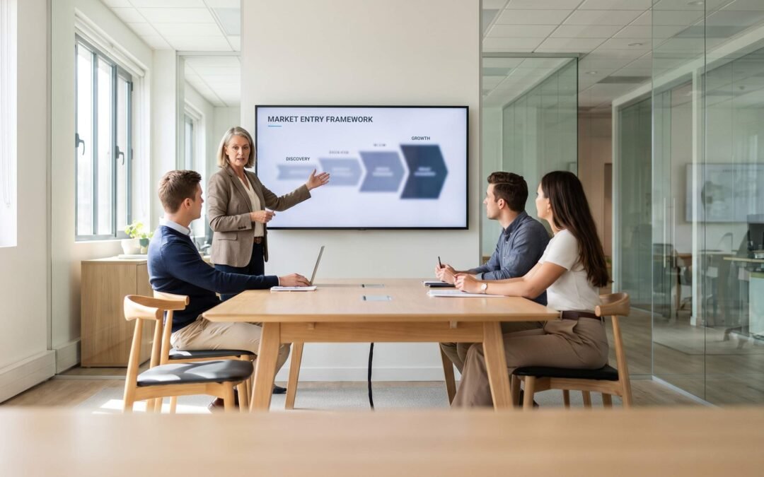 A marketing consultant presenting a go-to-market strategy roadmap to a SaaS startup team in a modern office