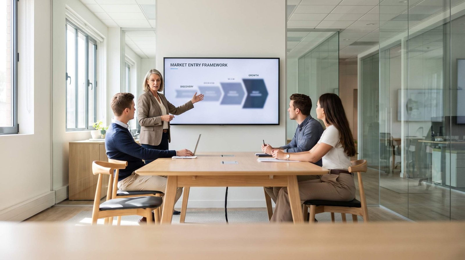 Go-to-Market Consultant Presenting Strategy Roadmap A marketing consultant presenting a go-to-market strategy roadmap to a SaaS startup team in a modern office