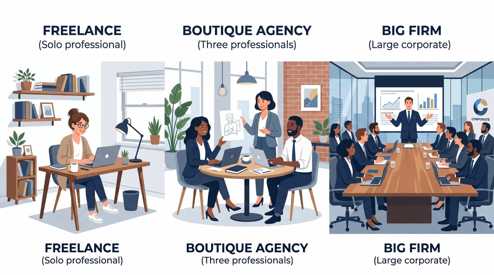 Go-to-Market Consultant Pricing Tiers Comparison Three consultant types illustrated: a solo freelance GTM consultant, a boutique agency team, and a large consulting firm boardroom