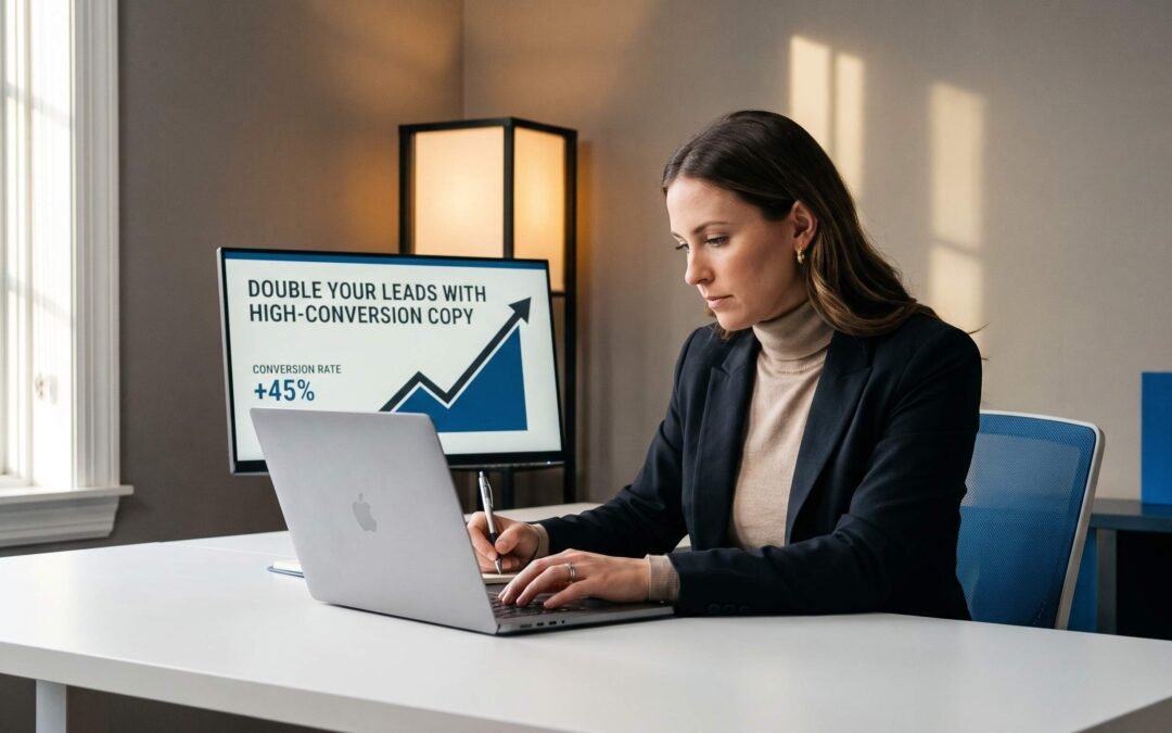 Sales copywriter at a clean modern desk reviewing a sales page draft with conversion metrics visible on a secondary monitor