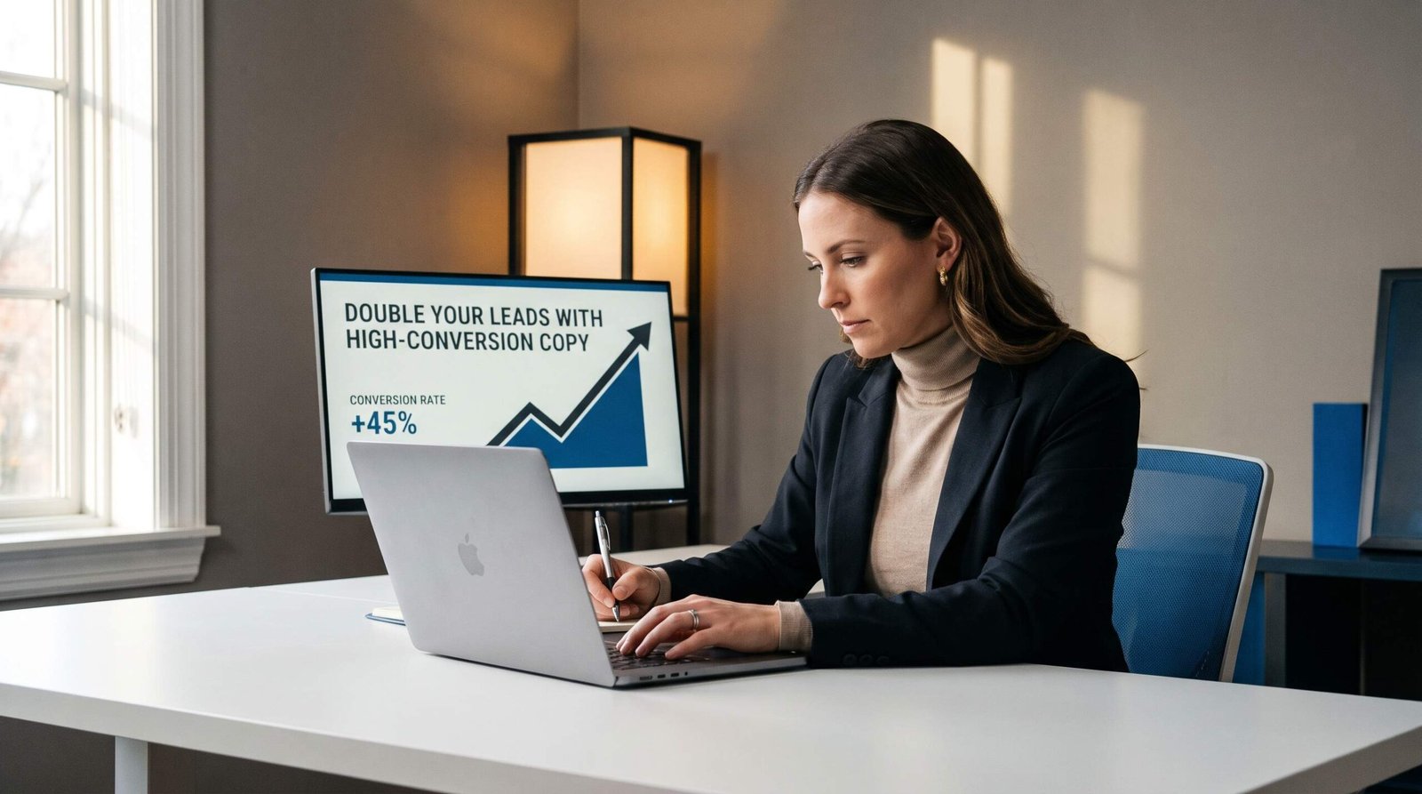 Sales copywriter at a clean modern desk reviewing a sales page draft with conversion metrics visible on a secondary monitor