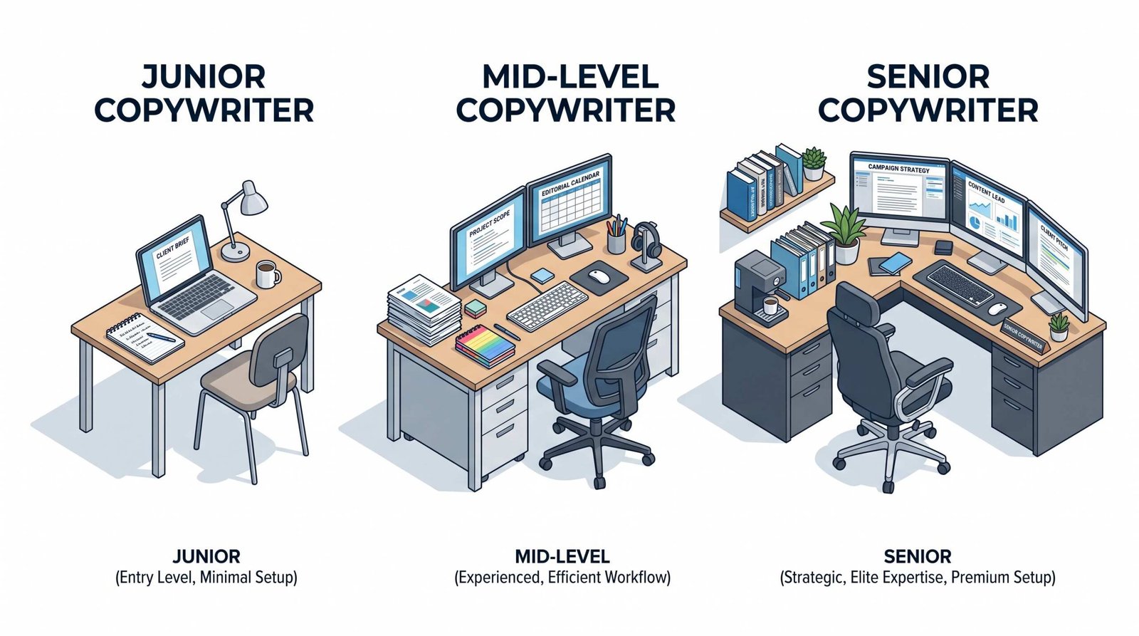 Three workspace setups showing junior, mid-level, and senior sales copywriter environments - each tier has distinct setup size and sophistication